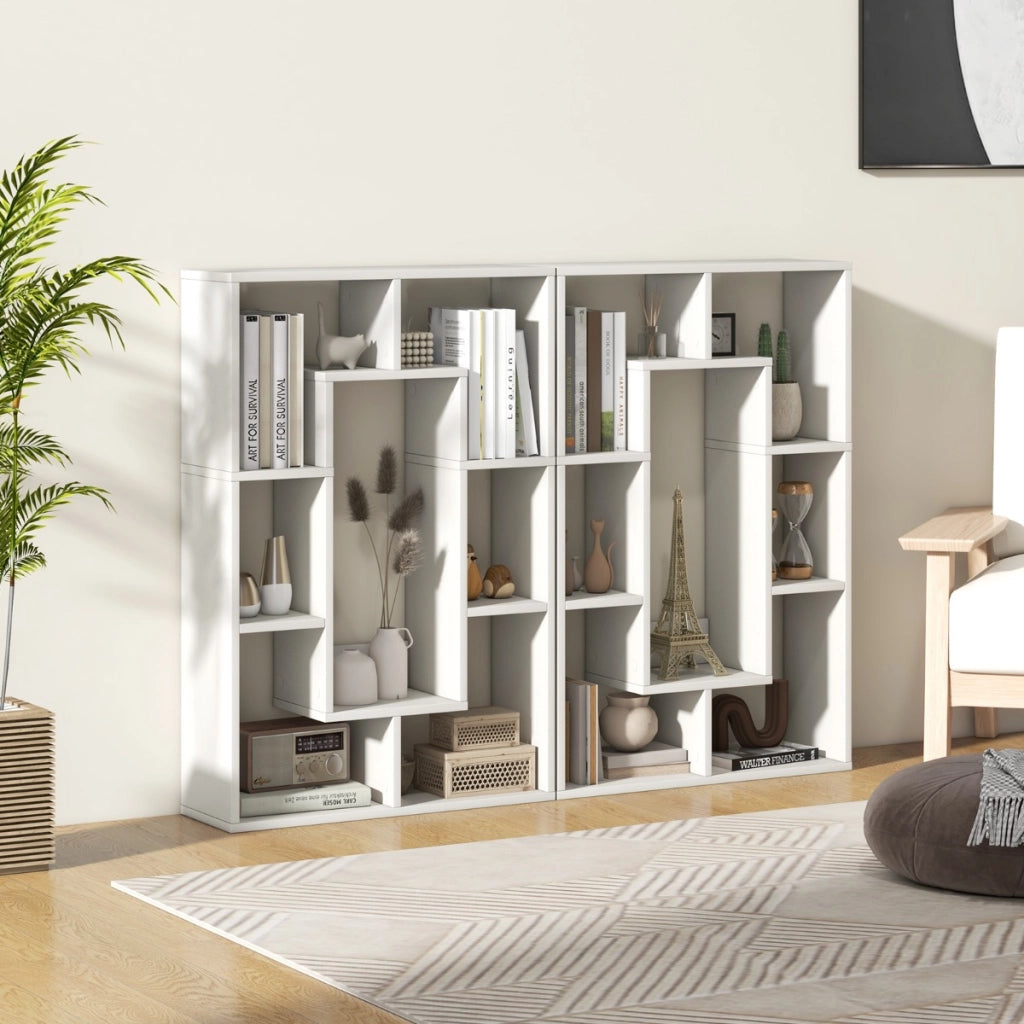 Libreria geometrica a 7 cubi, Moderna scaffale aperto da pavimento con dispositivo anti-ribaltamento per studio Bianco-Librerie