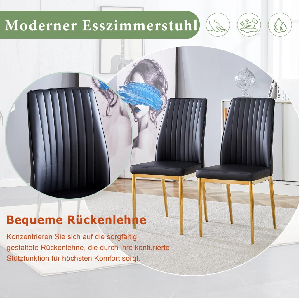 Set 4 sedie da pranzo moderne in PU nero con gambe in metallo dorato; 80 x 50 x 46;5 cm