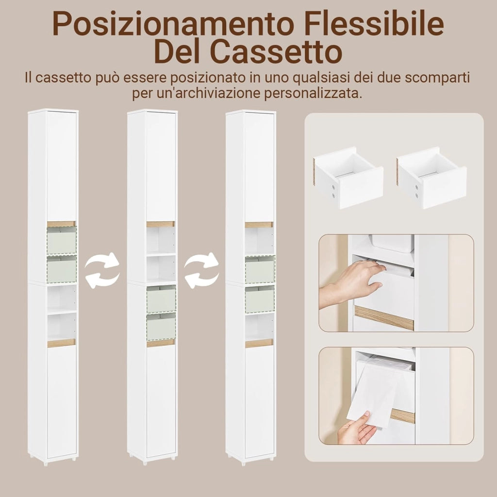 Mobiletto Bagno Salvaspazio Mobile Bagno Stretto (20 cm), Colonna Bagno Alta con Cassetto e Ripiani Regolabili, Mobile Almacenaje per Piccoli Spazi e WC, Bianco, 20x20x96 cm, BZR151-W