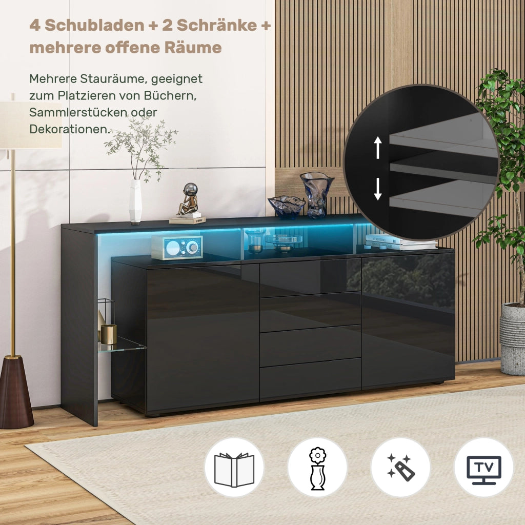 Credenza; 160x35x70 cm; con LED; elementi in vetro; finitura lucida; nero
