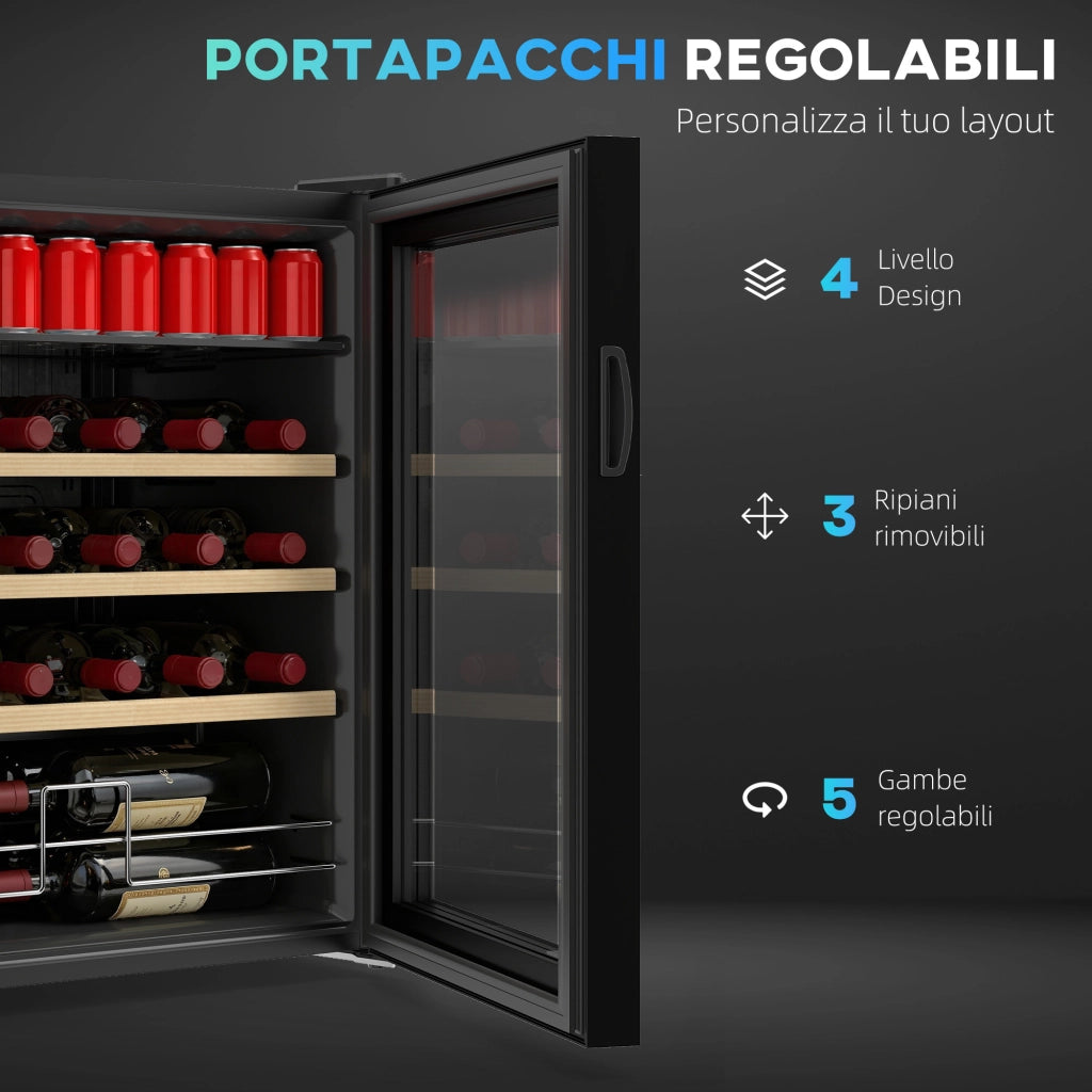 Cantinetta Frigorifero per Vino da 53L con Ripiani Regolabili per 12 Bottiglie e 25 Lattine 43x45x64 cm Nero