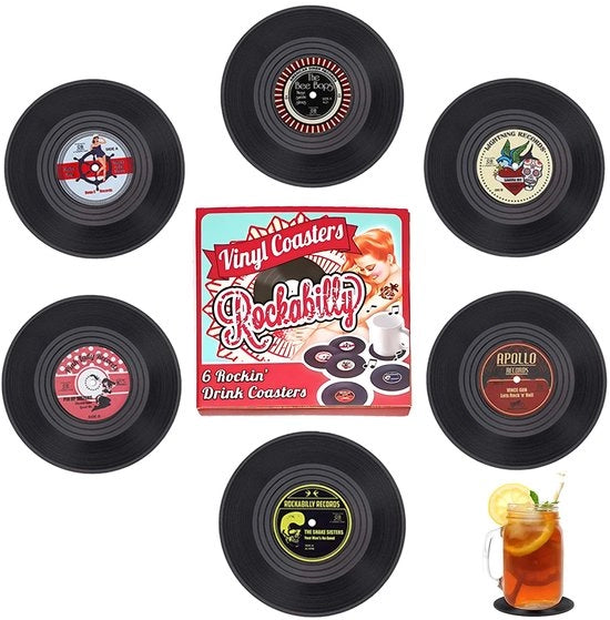 Set di 6 sottopiani per dischi, sottopiani per dischi a retro, tavolino da caffè, sottopiani e bicchieri, set di sottopiani per bevande, per bar, ristoranti, a casa, per feste e per ufficio
