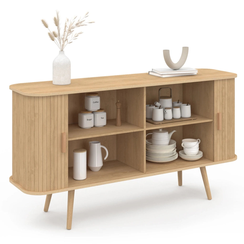 IDMarket - Aparador ROMIE efecto listones 2 puertas correderas 140 cm