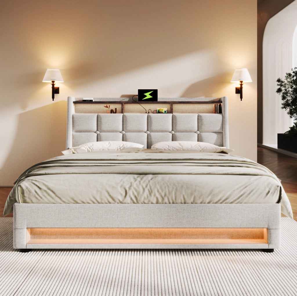 Letto imbottito beige 160x200 cm con LED, USB e contenitore