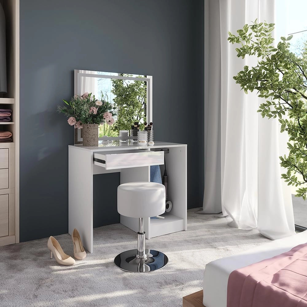Tavolo da toeletta Sherry, Bianco/bianco lucido, 89.8 cm con specchio LED e sgabello