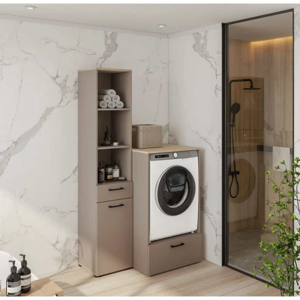Mobile alto da collezione WASHING – 1 cassetto, 1 porta e 1 cesto – Colore taupe e quercia