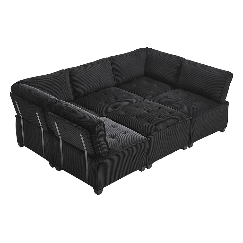 Divano modulare - Xylo - 308cm 6 posti velluto con tasche e struttura legno/metallo nero