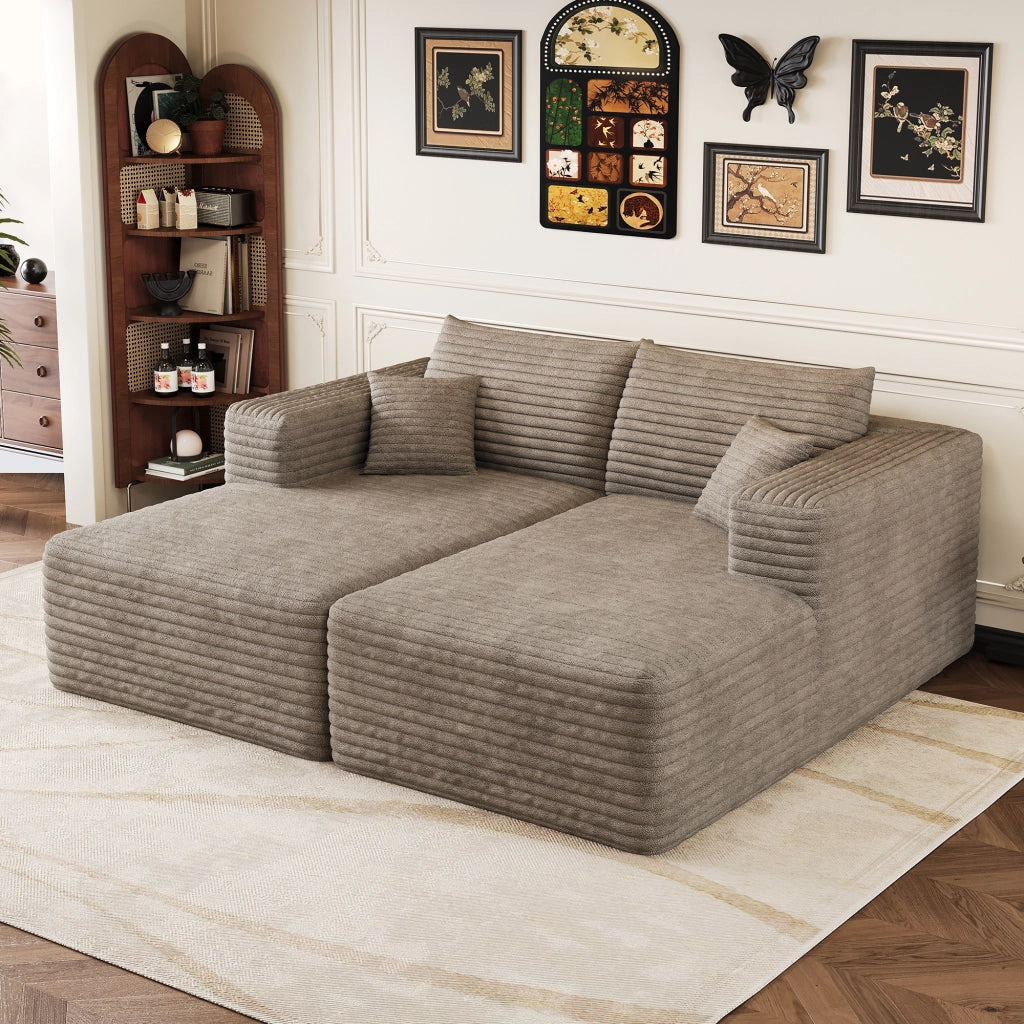 Divano modulare chaise longue senza montaggio salvaspazio in tessuto velluto a coste cammello 180 × 151 × 58 cm