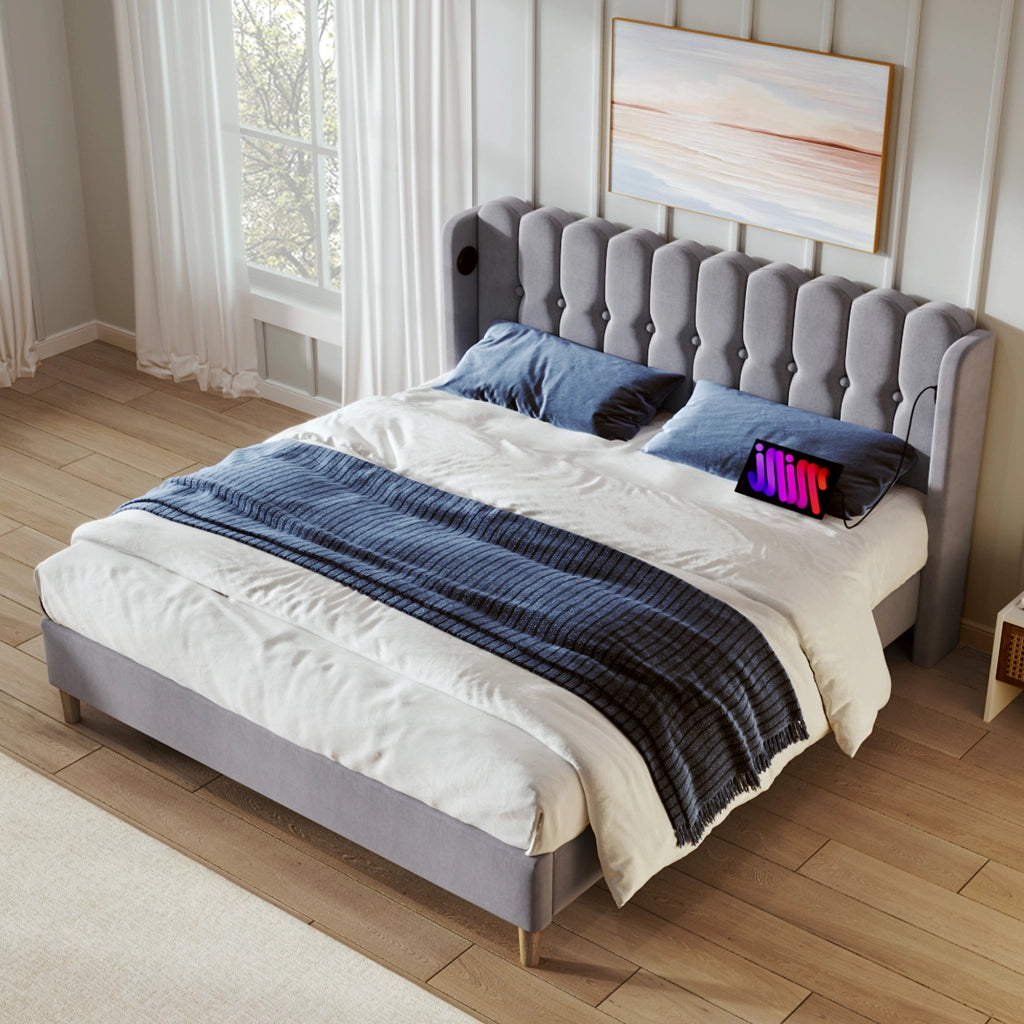 Letto Matrimoniale 140×200 cm; Letto Imbottito con USB e Type-C; Testiera Imbottita; senza Materasso; Lino; Grigio