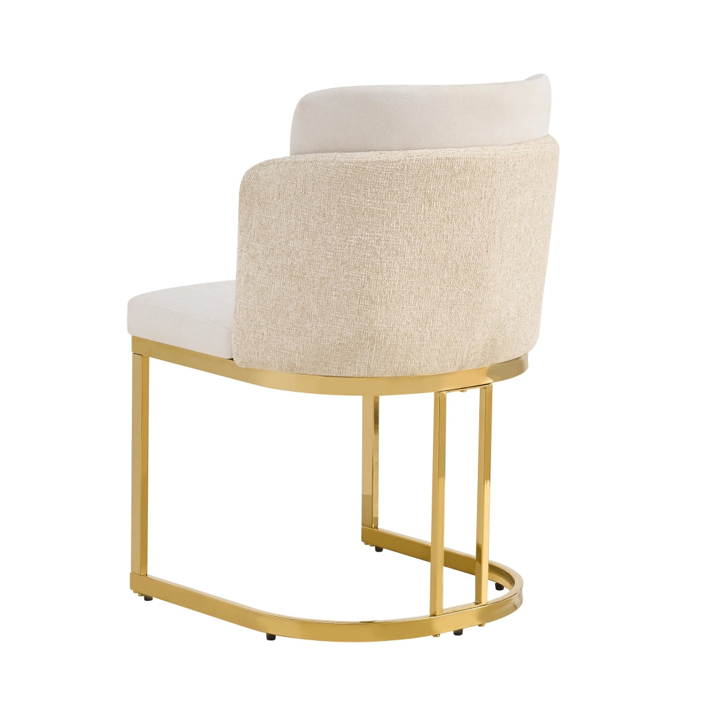 Set di 4 sedie da pranzo moderne in chenille Beige e Gold, con doppio schienale e gambe in metallo galvanizzato