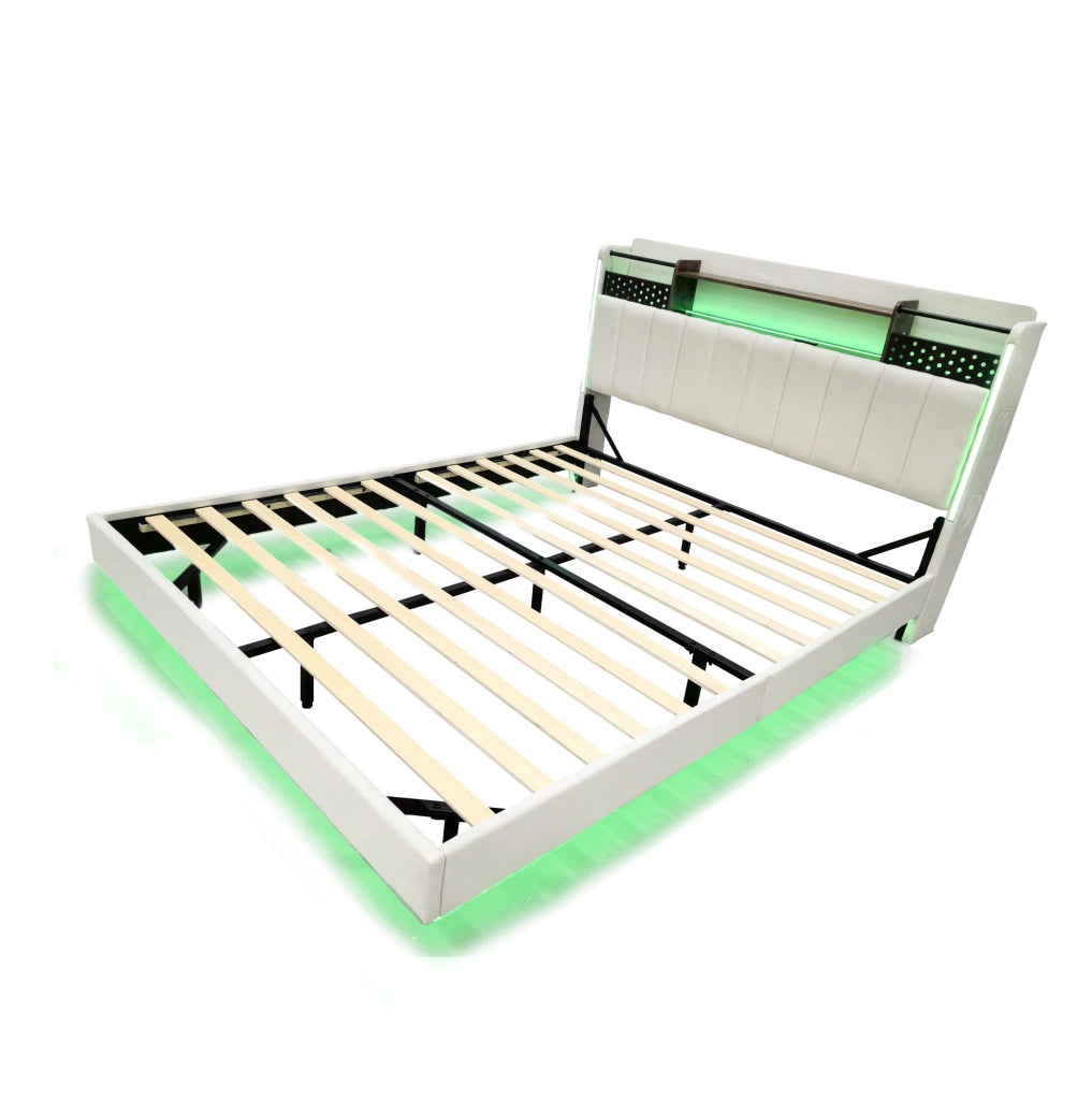 Letto matrimoniale imbottito 160x200 cm con USB; luci LED; testiera con vano contenitore; beige