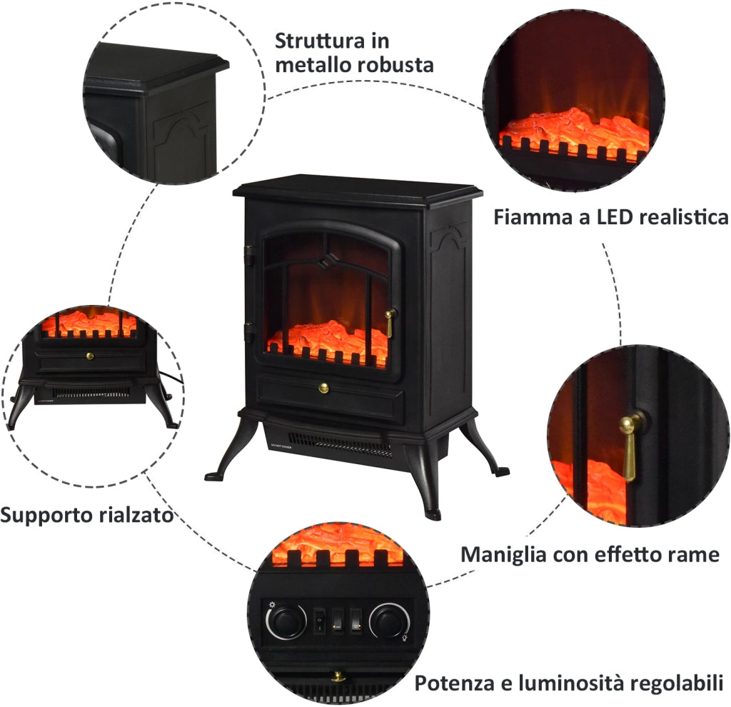 EasyComfort Camino Elettrico da Terra con Effetto Fiamma, Caminetto Elettrico 1000W /2000W con Protezione da Surriscaldamento e Termostato, in ABS e Vetro, 45x28x54cm, Nero