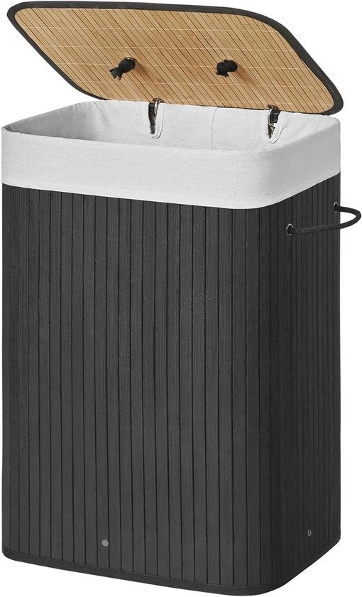 Asse da bucato in bambù pieghevole con coperchio e sacchi di bucato rimovibili - 72 L - Nero - 40 x 30 x 60 cm