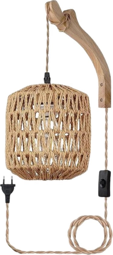 Lampada da Parete Vintage - Design in Legno con Ombra di Rattan - Ideale per Soggiorno e Camera da Letto