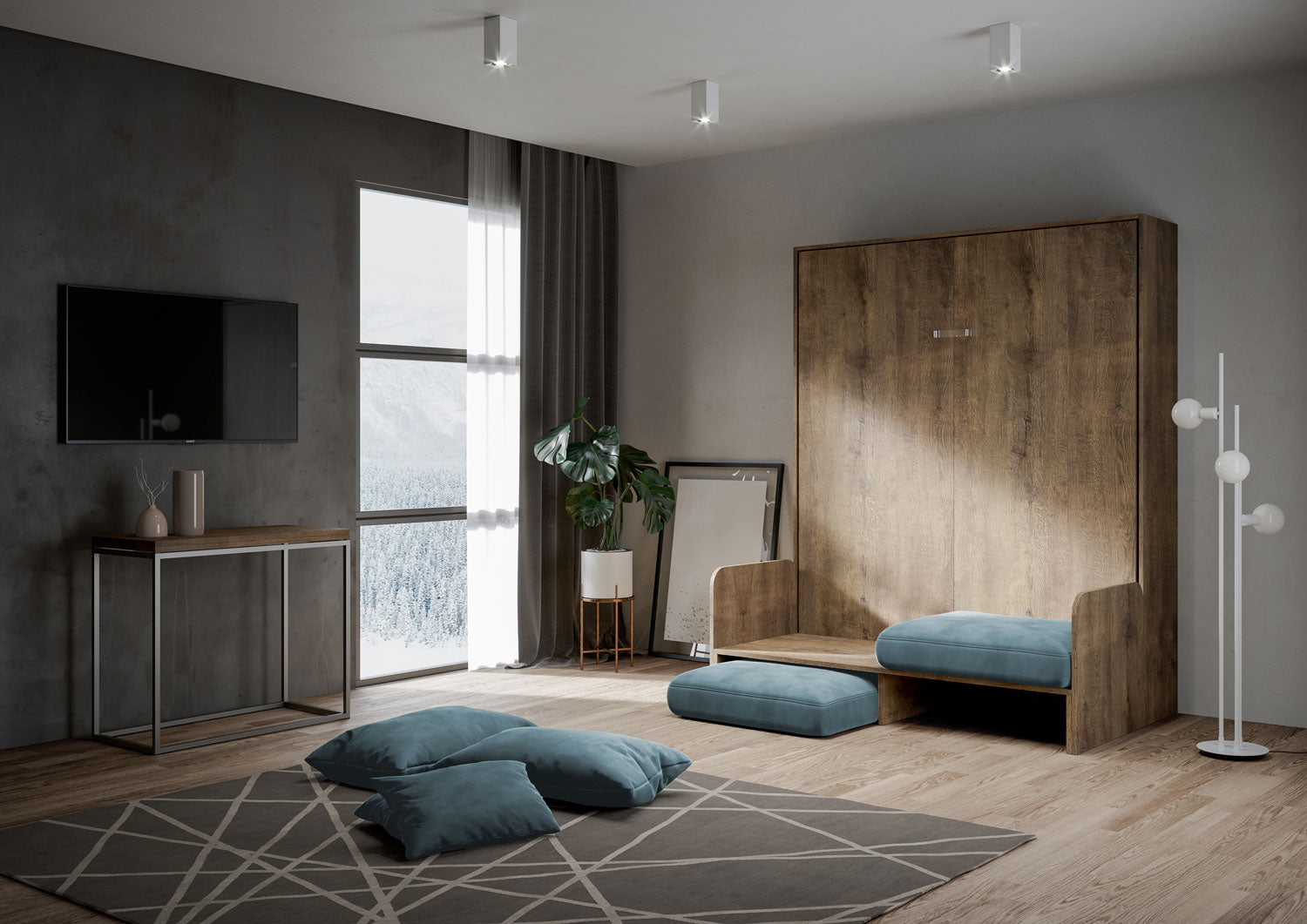 Letto Matrimoniale A Scomparsa 160 Kentaro Con Divano Noce e Azzurro