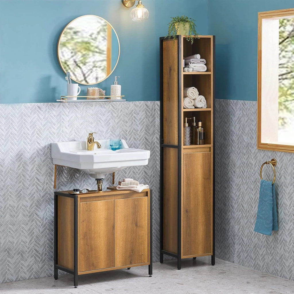 Mobiletto Bagno Salvaspazio - Mobile Sottolavabo per Bagno con 2 Ante e Ripiano, Mobile Sotto Lavabo da Terra con Piedini Regolabili 60x60x30 cm BZR63-PF