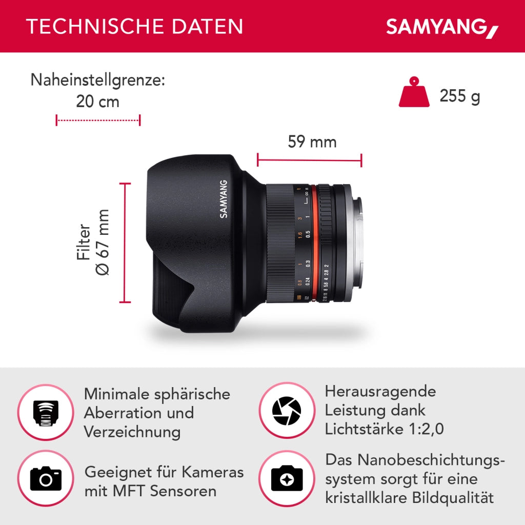 Obiettivo grandangolare fisso 12mm F2.0 APS-C per MFT-APS-C, MF – per Olympus OM-D E-M1 III, Pen E PL10, OM-D E-M5 III, per Panasonic Lumix DC-G91 – nero