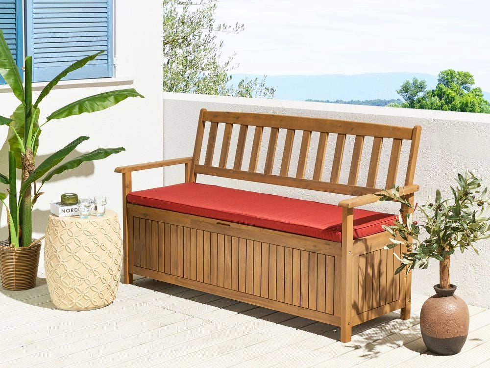 Panchina per esterni con contenitore in legno massiccio di acacia a 3 posti 160 cm con cuscino color rosso