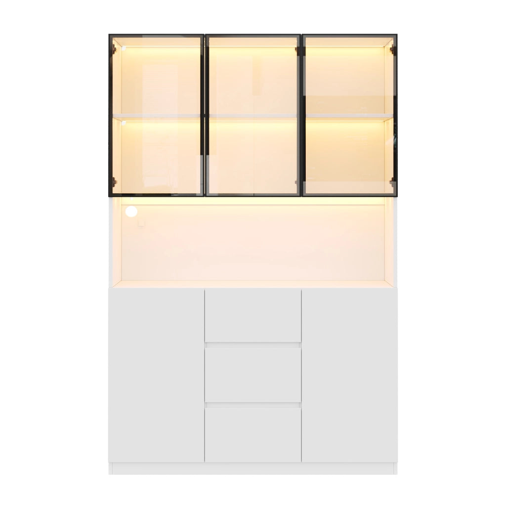 Vetrina con 3 cassetti; 2 ante; LED - per soggiorno - 120×40×200 cm - bianco