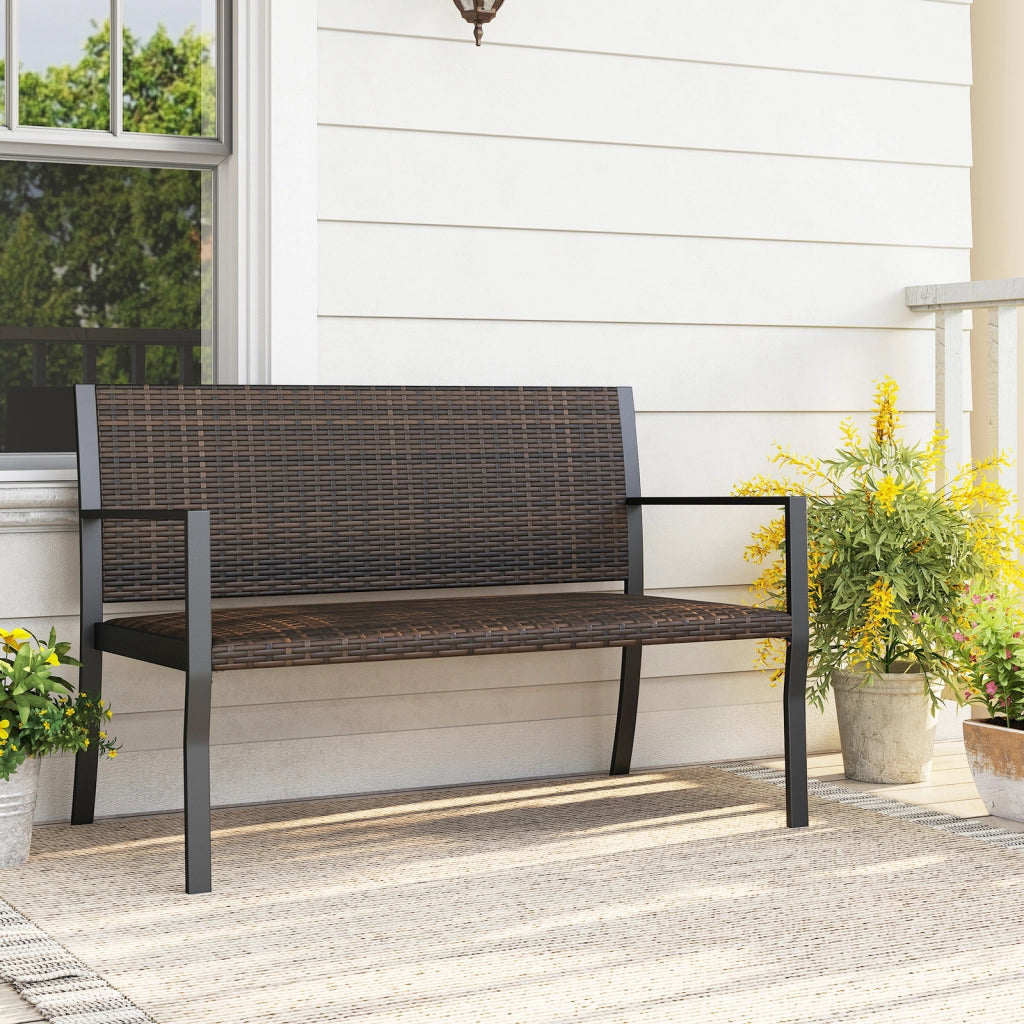 Panchina da giardino in rattan con braccioli e schienale ergonomici, Panca da esterno 2 posti per terrazza e balcone Marrone