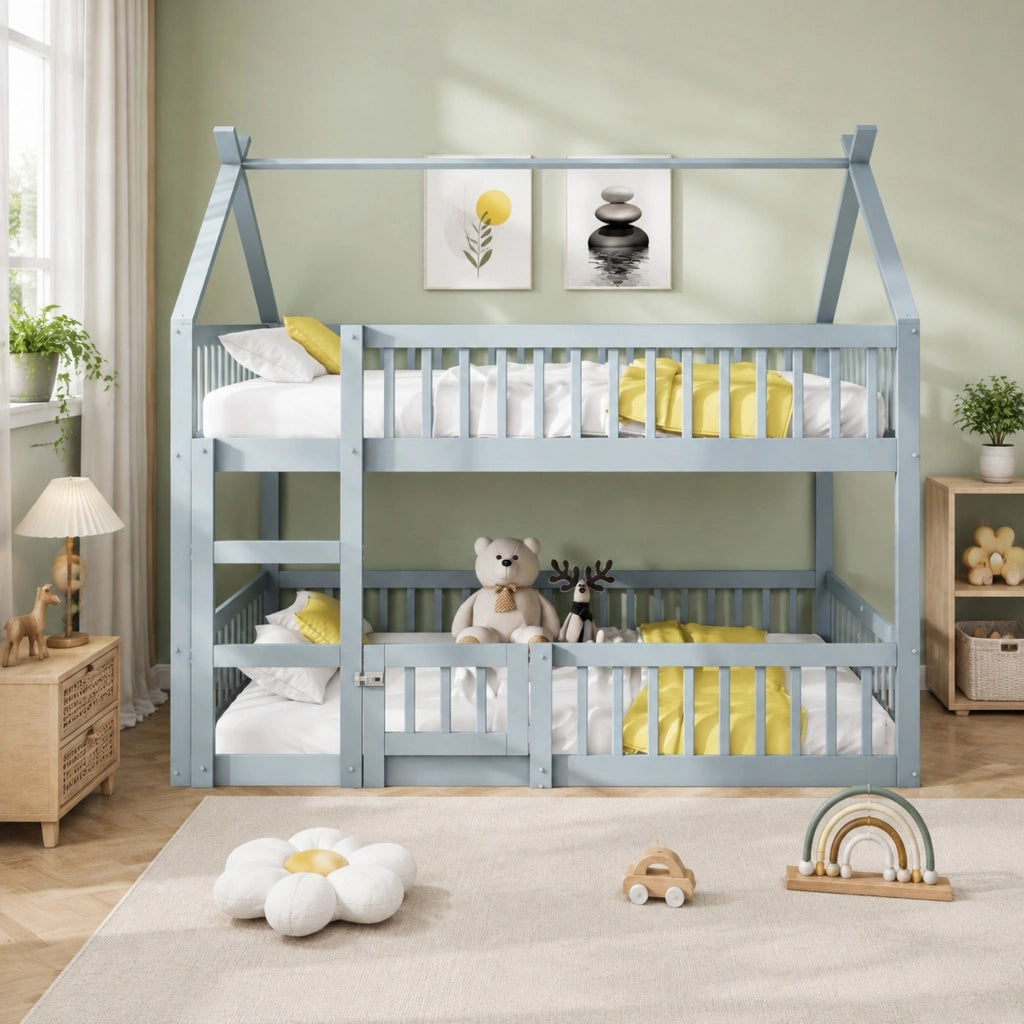 Letto a castello per bambini 140x200 cm con scala; design alto e basso; grigio