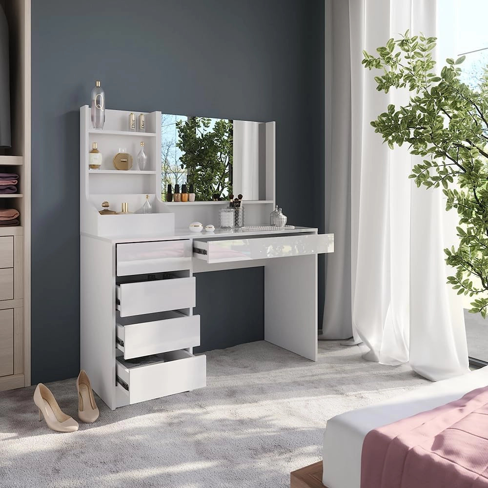 Tavolo da toeletta Sherry, Bianco/bianco lucido, 119.8 cm 3 parti