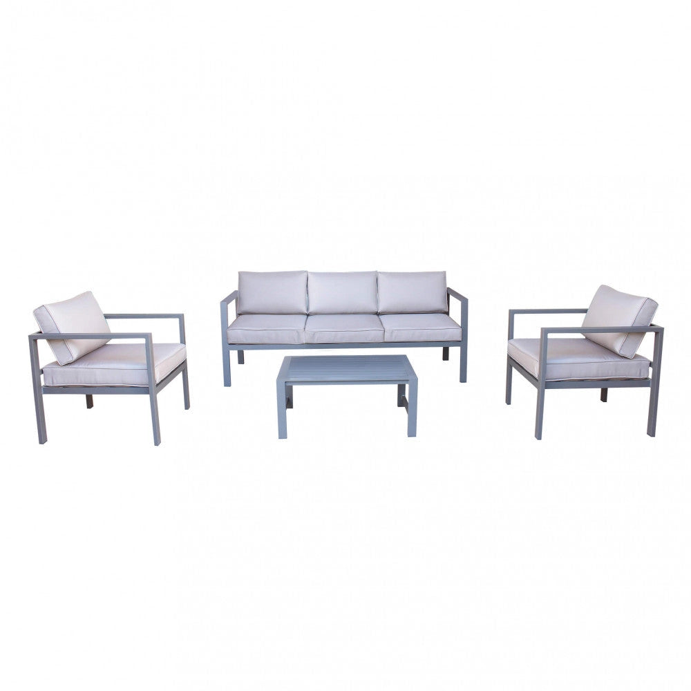 Set Salotto da Giardino Divano 2 Poltrone e Tavolino con Cuscini in Alluminio Taupe