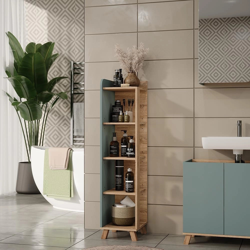 Mensola da bagno Karen, Sonoma/blu, 30 x 128 cm con 4 scomparti, per la conservazione di accessori da bagno e combinabile