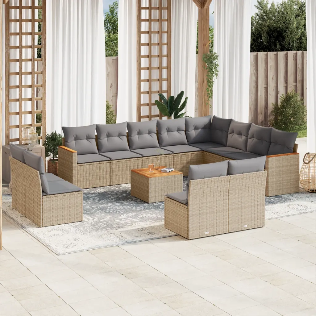 Set Divano da Giardino 13 pz con Cuscini Beige Misto Polyrattan