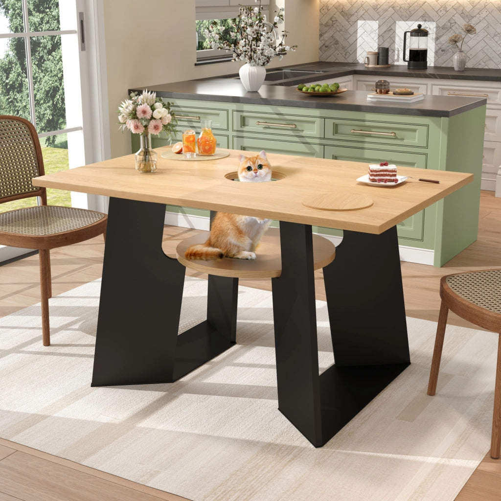 Tavolo da Pranzo Rettangolare con Area Animali ¨C MINIMAL ¨C Legno Naturale/Nero, 130x85x75 cm, 6 Persone