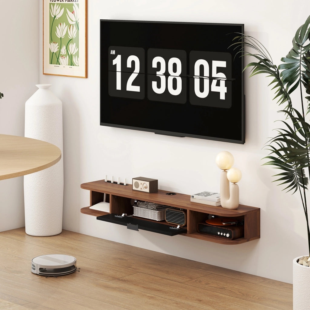 Mobile Porta TV fino 50" Sospeso con Cassetto-Credenza  per TV,2 Ripiani Aperti e Foro Passacavi,120x24x16 cm,Noce