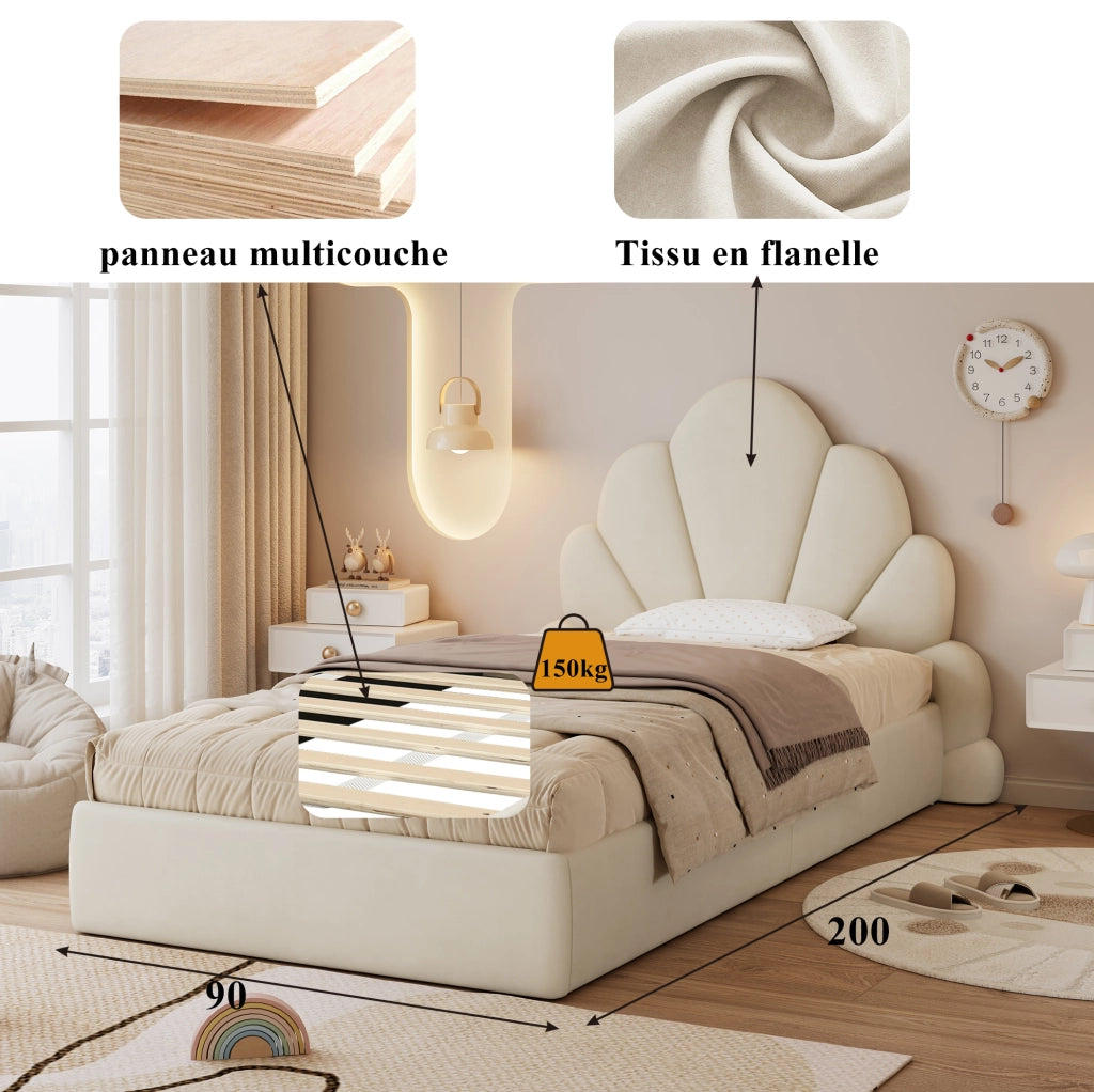 Letto imbottito singolo beige con testiera a petali, 90 x 200 cm