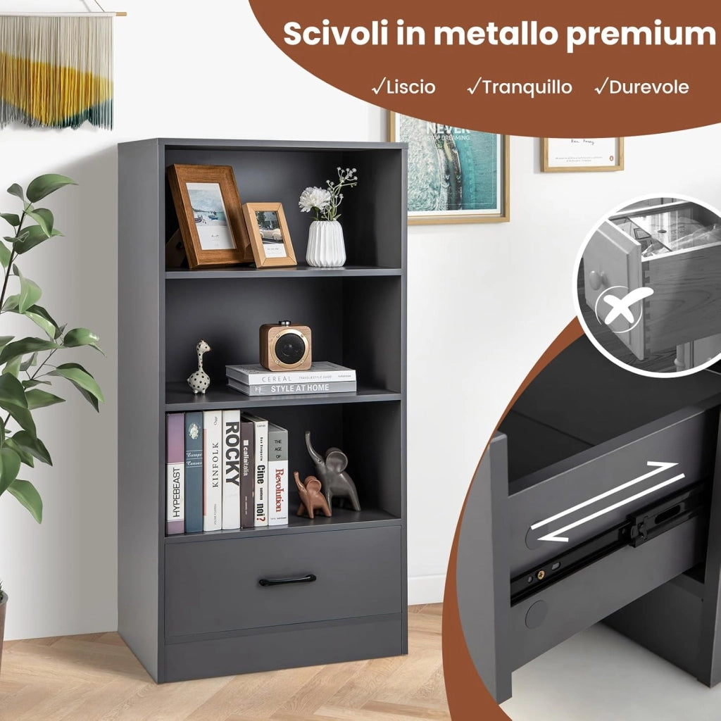 Libreria in Legno con Cassetto, Scaffale di Stoccaggio a 4 Livelli, Scaffale Espositivo per Casa Studio e Soggiorno, 60 x 38 x 120 cm (Grigio)