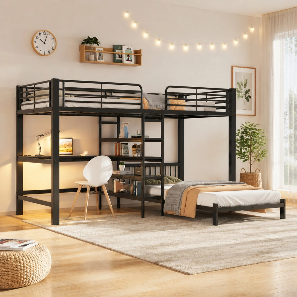 Letto a soppalco per bambini 90 × 200 cm con scrivania, prese USB e Type-C, ripiani, senza materasso, nero