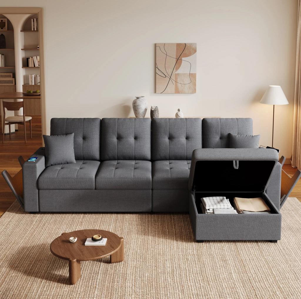 Divano angolare modulare 4 posti con pouf contenitore; LED e ricarica USB Type-C; grigio antico