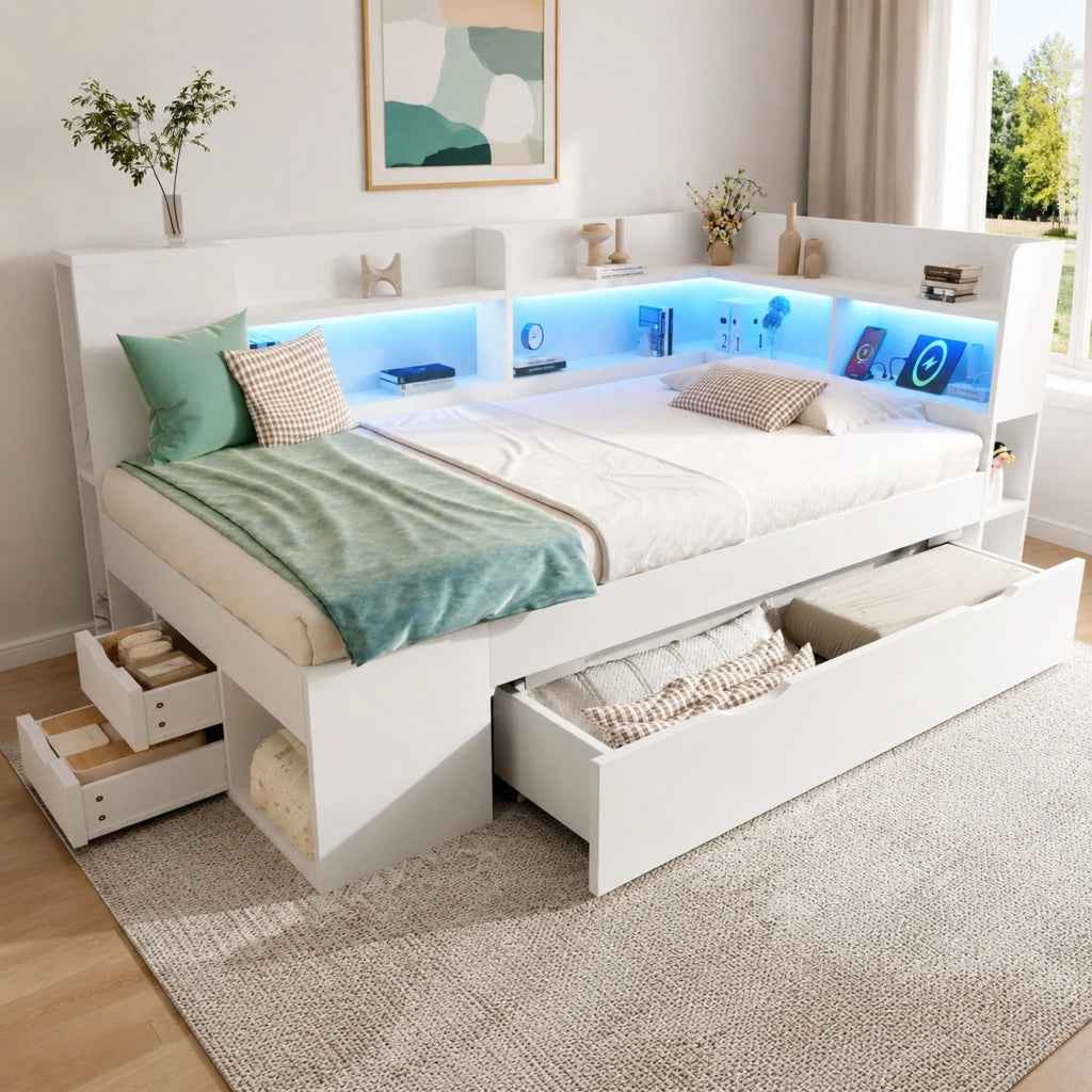 DESMIU Letto divano 90 × 200 cm 1 posto con USB, Type-C, LED, ripiani e cassetti, senza materasso, bianco