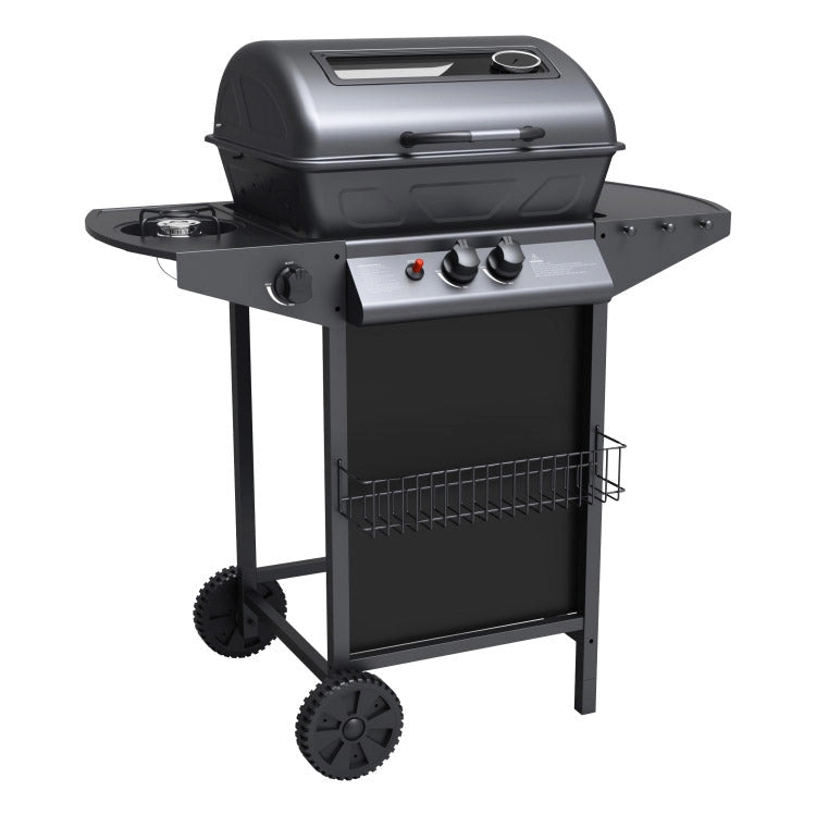 Barbecue a Gas GPL 2 Fuochi a Pietra Lavica con Fornello Laterale Nero
