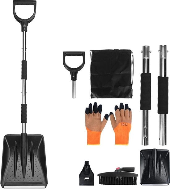 Kit di spazzolatura nevosa con spazzola per neve, raschiatore di ghiaccio e setaccio per neve con tasca per residui e guanti in acciaio inox.