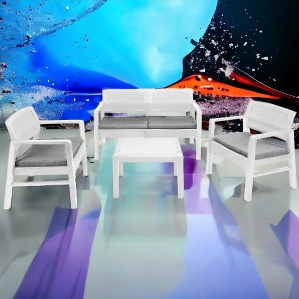 Trade Shop - Set Salotto Giardino Esterno Con Divano 2 Poltrone Tavolino Effetto Rattan Con Cuscini -