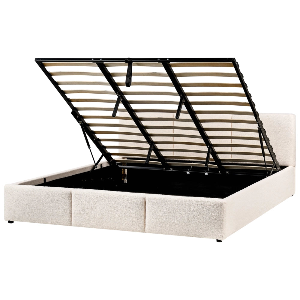 Letto matrimoniale in tessuto bouclè bianco sporco con contenitore 180 x 200 cm Testiera Rivestita Funzione Contenitore