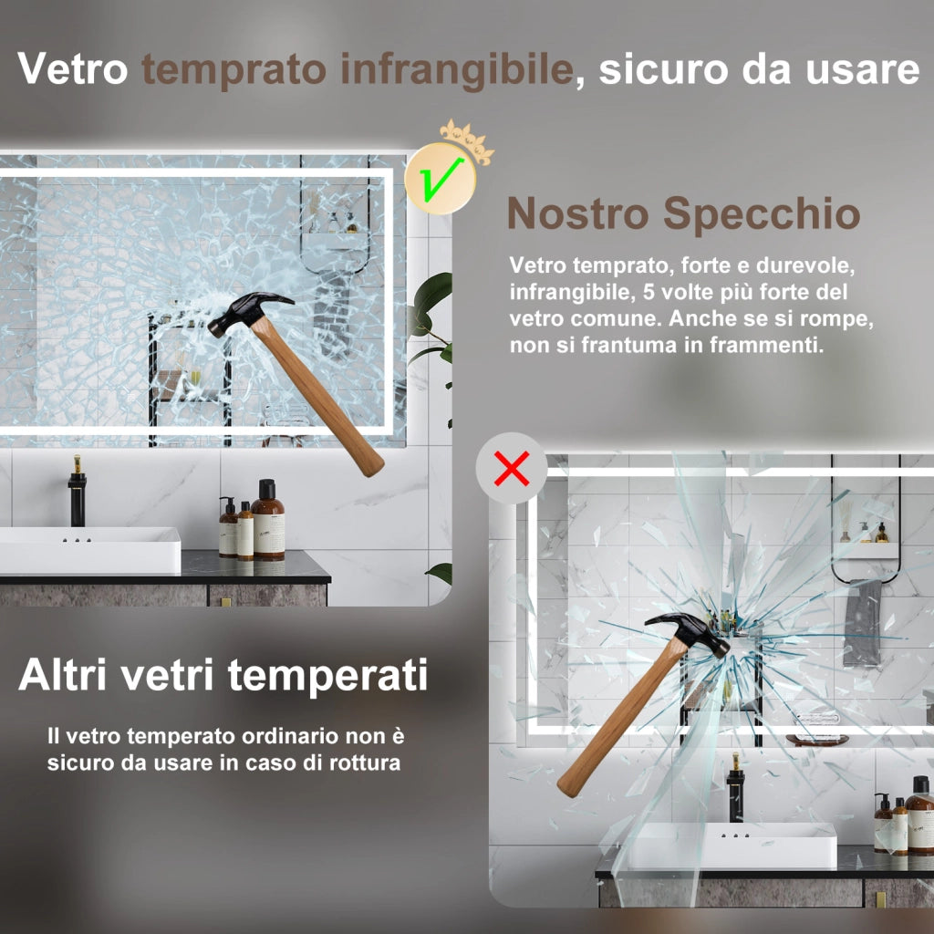 AICA Specchio da bagno  80 x 120 cm, dimmerabile, interruttore touch, Funzione Memoria, antiappannamento