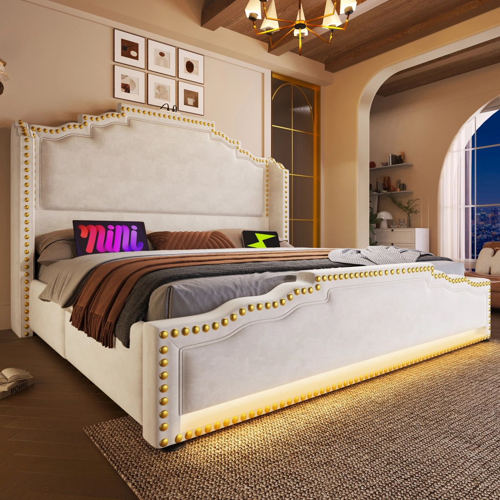 LETTO Contenitore 140x200 cm Beige in velluto con LED, USB e 4 cassetti