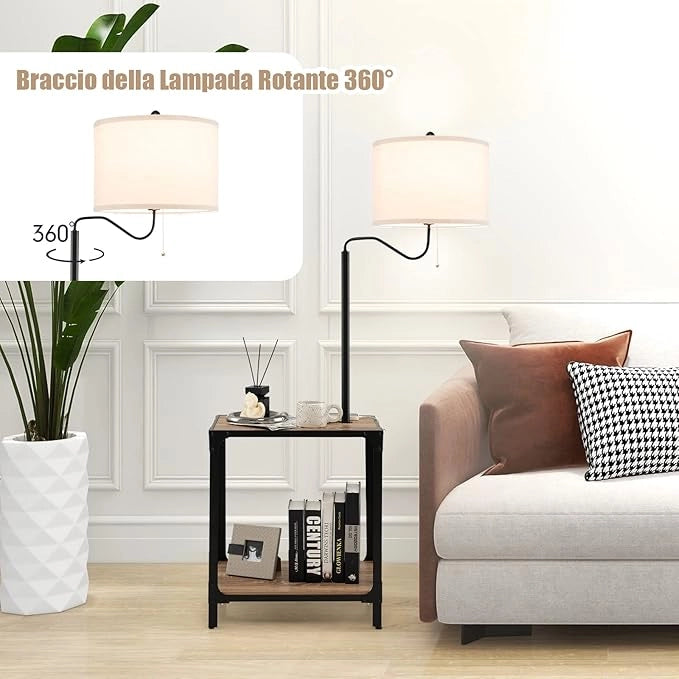 Lampada da Terra in Metallo e Legno, Lampada da Lettura con Tavolino, Mensola e Porta USB, Lampada Ruotabile di 360° per Camera da letto e Salotto