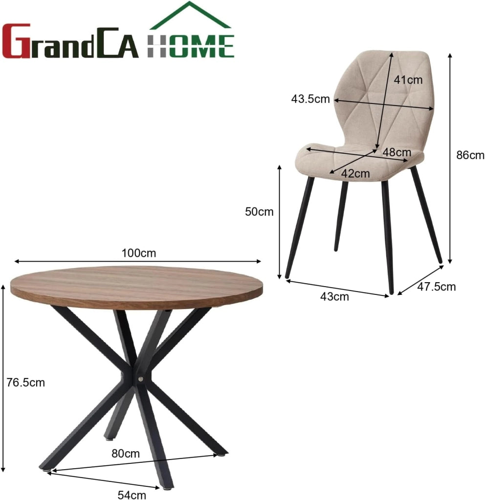 GrandCA HOME Set Tavolo e Sedie da Pranzo, Tavolo da Pranzo Rotondo da 100 CM e 4 Sedie Moderne in Lino, per Sala da Pranzo, Cucina, Soggiorno (Buio + Cachi)