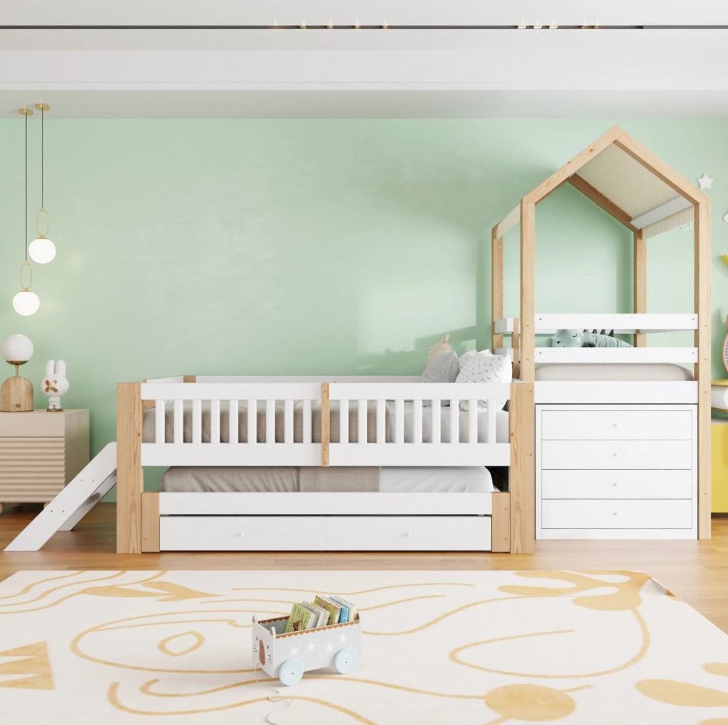 Letto a casetta per bambini con letto estraibile e cassetti