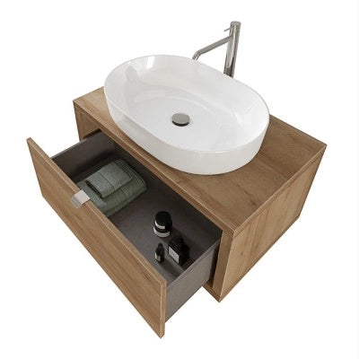 Mobile bagno sospeso 80 cm rovere miele con lavabo a bacinella e specchio tondo Master
