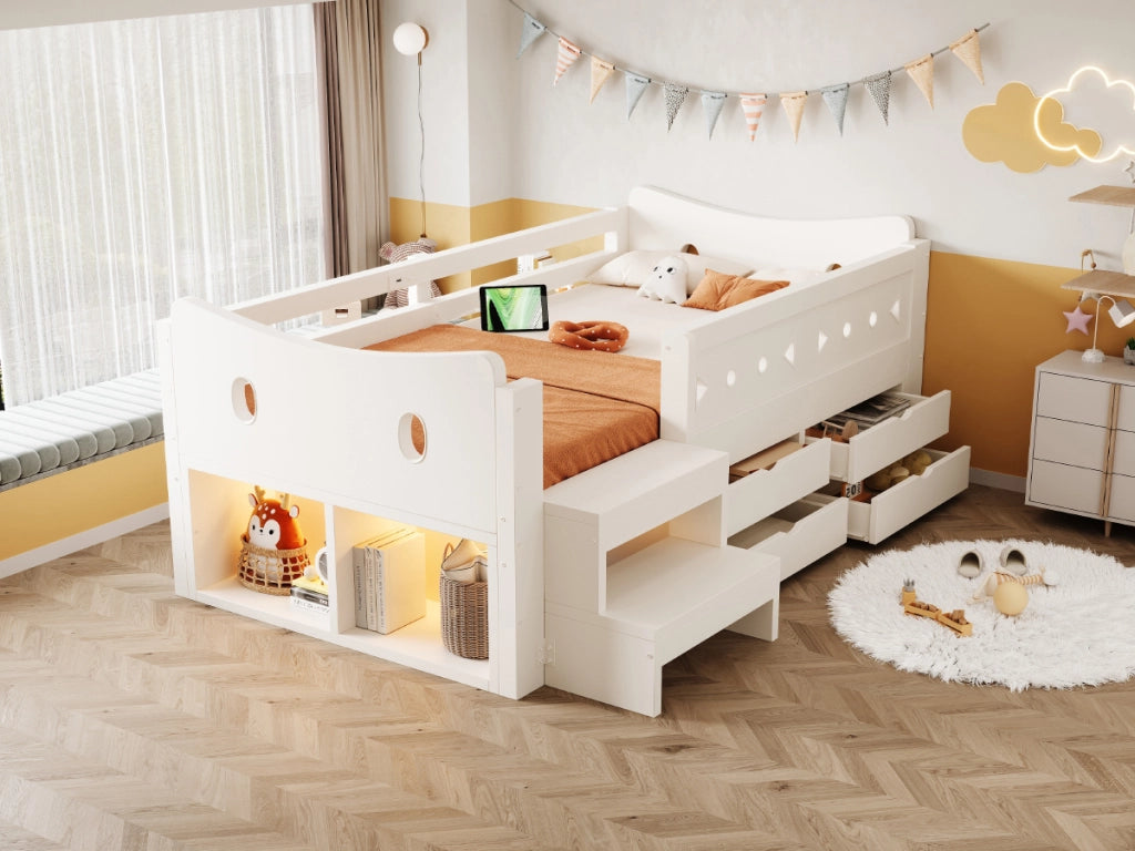 Letto per bambini 90 × 200 cm con 4 cassetti, 2 ripiani, LED, USB e Type-C, barriere di sicurezza, senza materasso, legno bianco