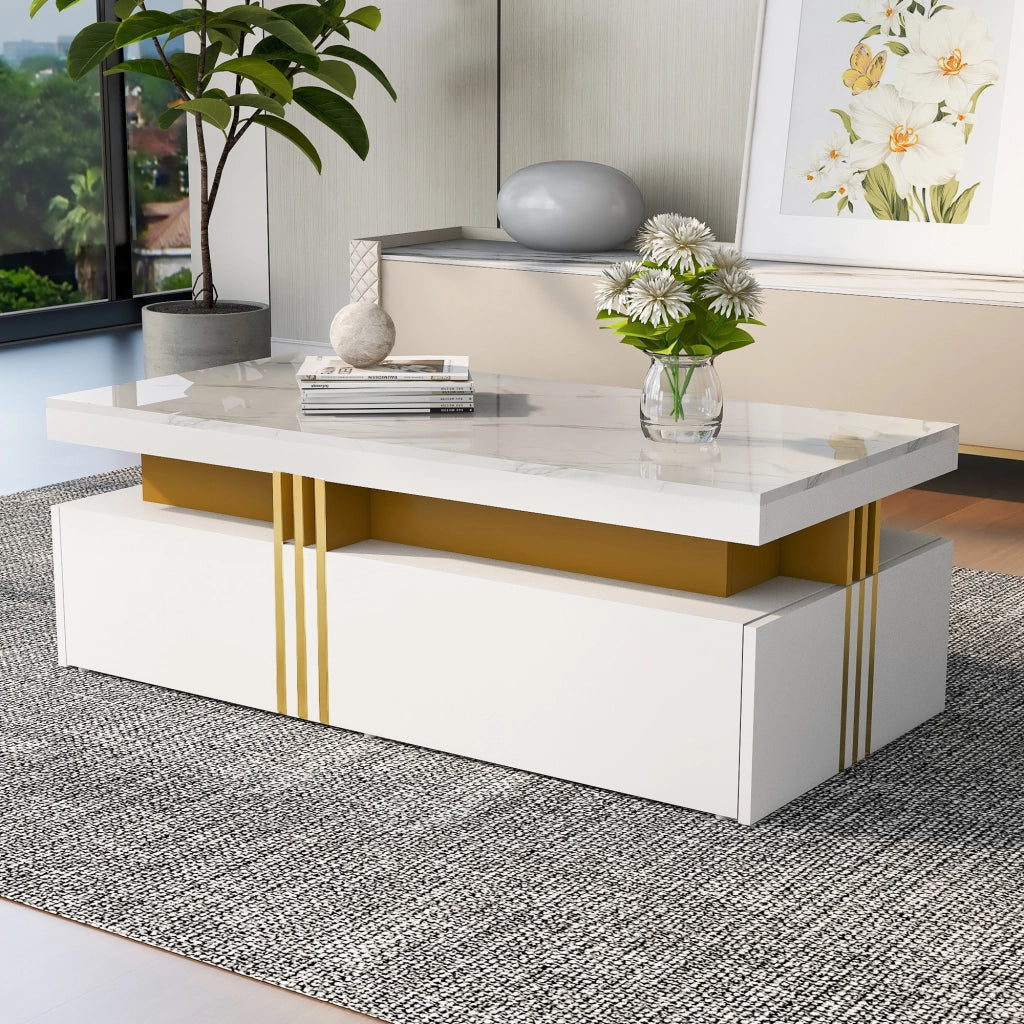 Tavolino da salotto moderno - Zephmum - 100x50x40 cm - Piano marmorizzato, 2 cassetti