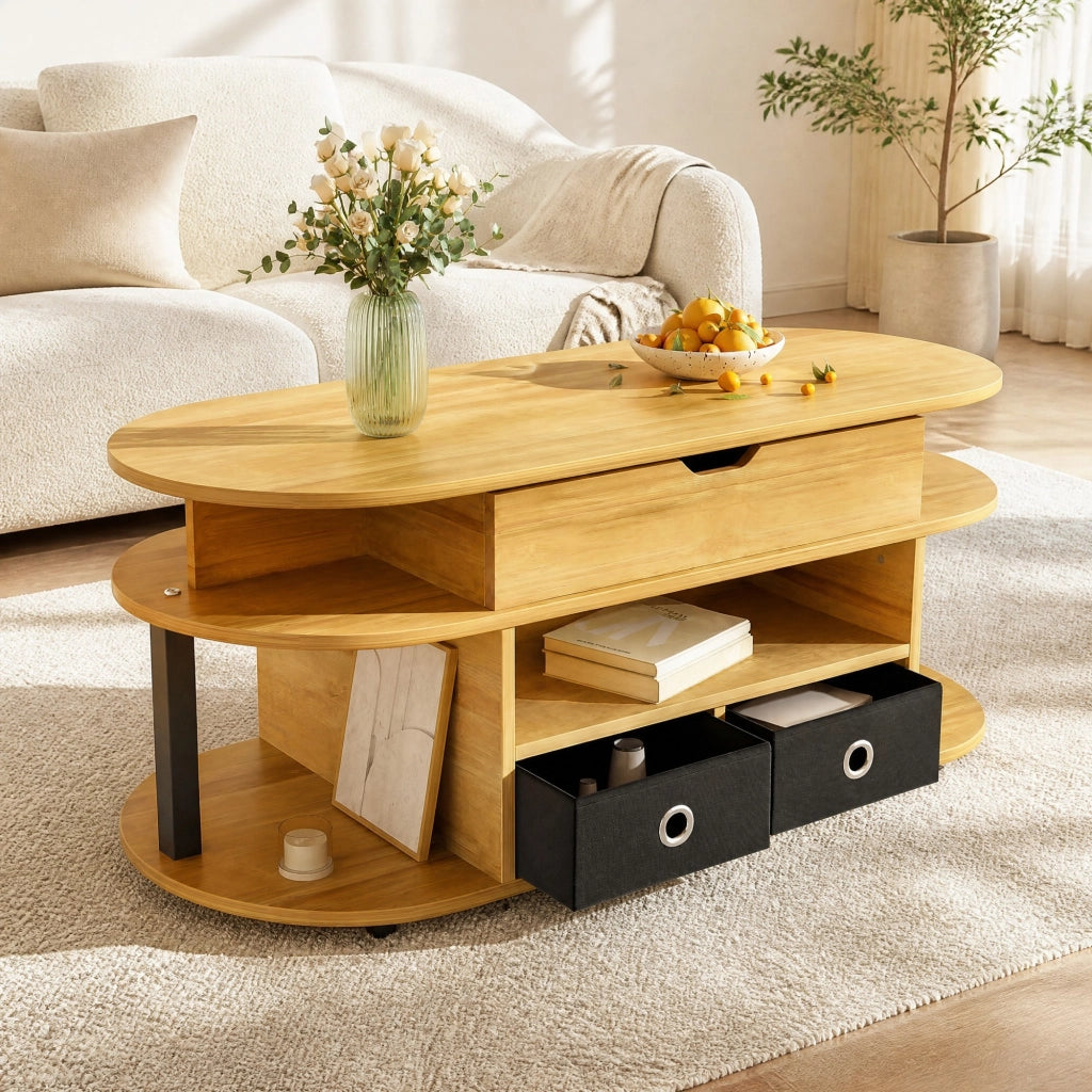 Tavolino da salotto con funzione sollevabile 105 x 50 x 45/60 cm; effetto legno e nero