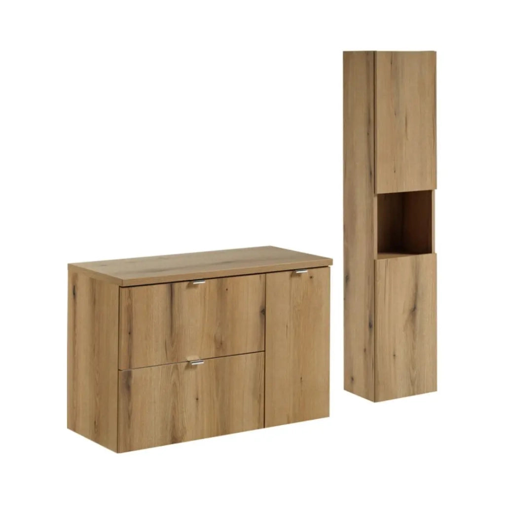Set bagno VANO effetto rovere 120cm: mobile sottolavabo con cassetti e armadietti + piano per lavabo + colonna